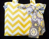 Yellow Chevron Tote Bag Purse w Gray Print Bow, handmade handbag
