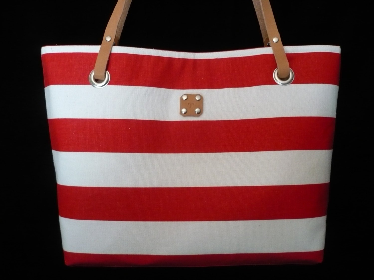 Red/White Striped Canvas Bag Purse, Shoulder Bag w leather handles, Handmade