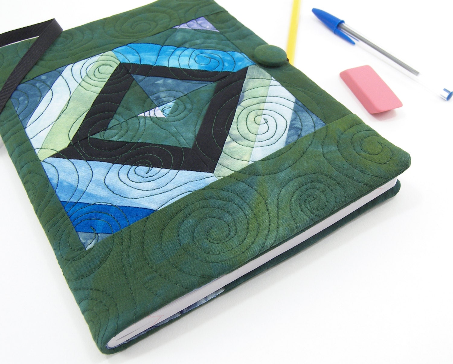 Quilted Composition Notebook Cover, Refillable Fabric Journal - Blue and Green String Pieced Hand Dyed Fabric Hunter Green Composition Cover