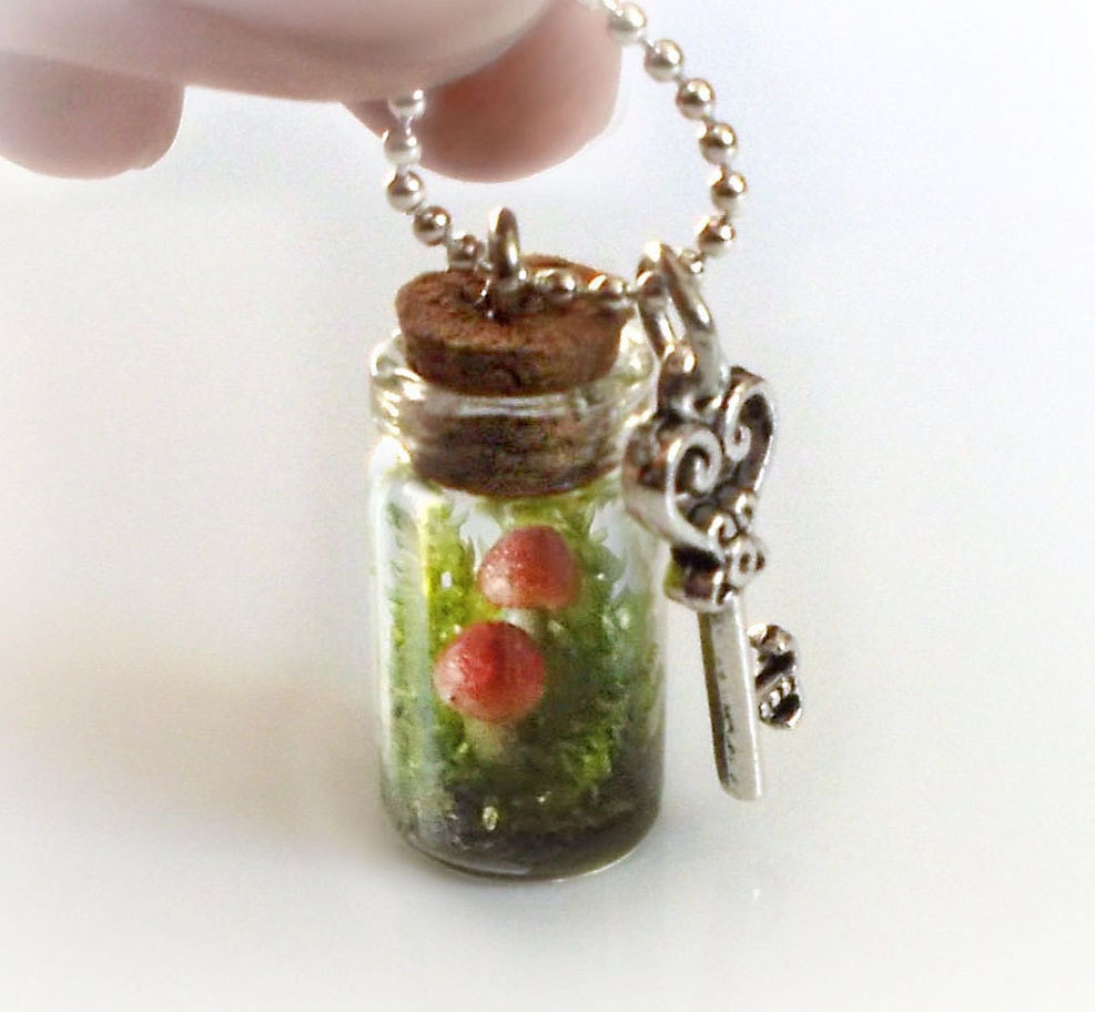 Secret garden terrarium necklace, dried moss and clay mushrooms in a bottle, tiny small vial necklace