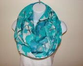 Blue Lily Floral  Infinity Scarf Linen Cotton Aqua Teal Watercolor Eternity Cowl Flower White Circle Loop Spring Summer Scarf
