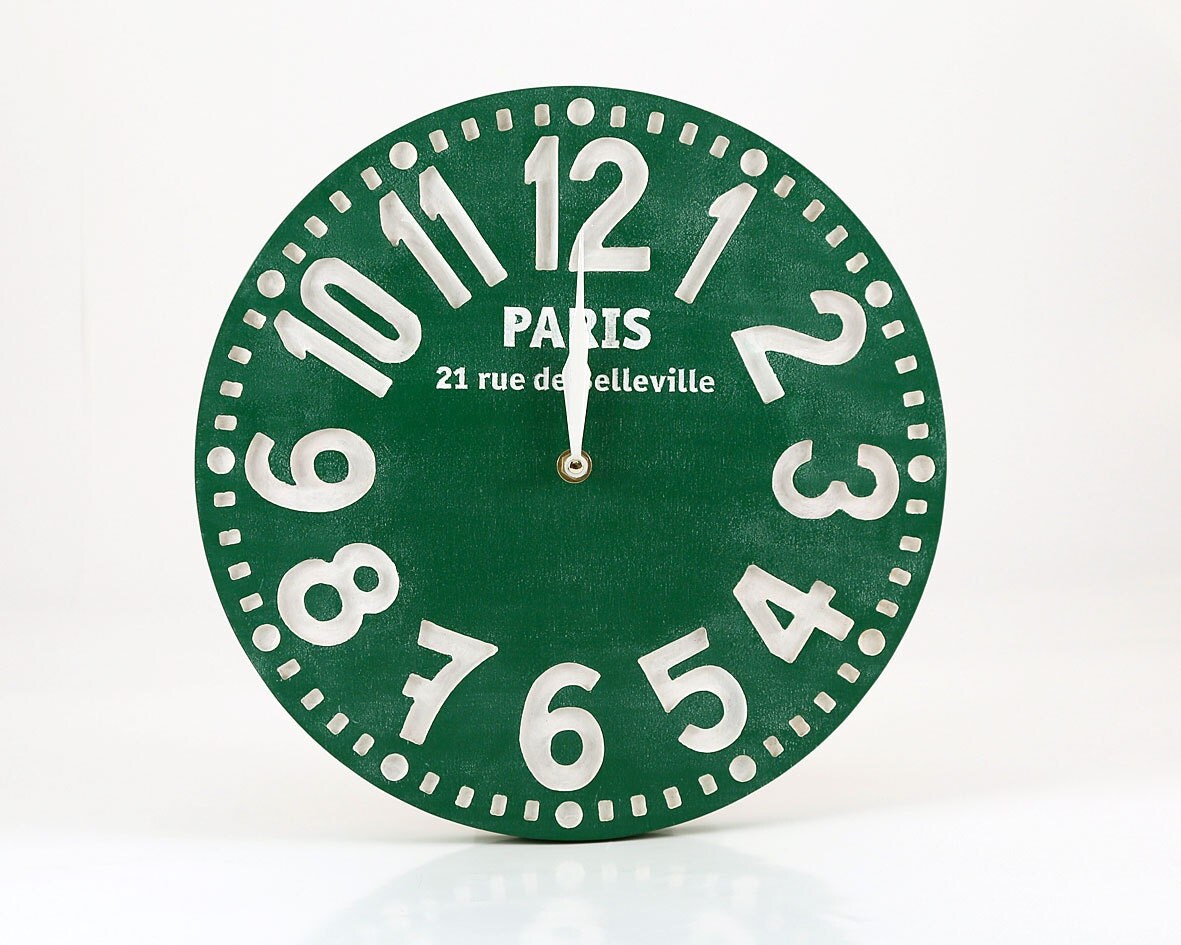 Vintage clock -Paris emerald green- pseudo vintage birch clock hand painted emerald 2013 color blackboard style