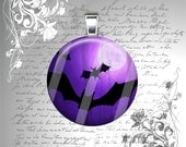 Spooky Moon and Flying Bats in Purple - Halloween Collection - 1 inch Glass Circle Photo Pendant Necklace