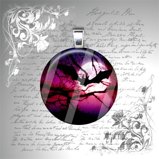 Bat Flying in the Moonlight, Pink and Purple - Halloween Collection - 1 inch Glass Circle Photo Pendant Necklace