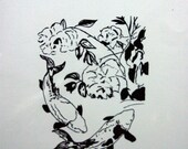 Koi Fish Screenprint Art Drawing Printmaking Sea Flowers