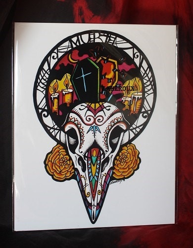 PRINT Day of the Dead Sugar Skull Colorful Crow Art