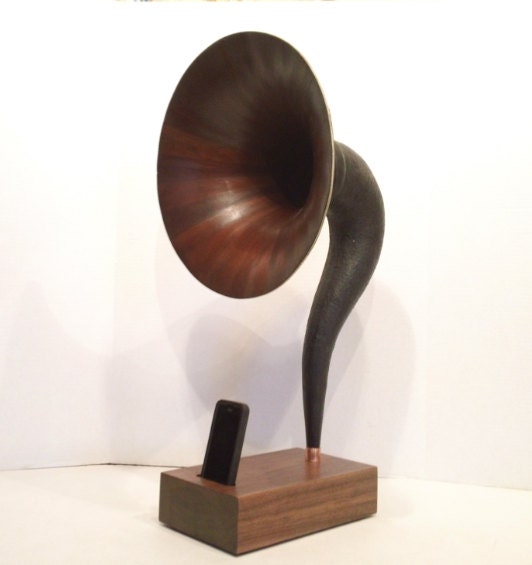 RARE WOOD Acoustic  iPhone Speaker Dock Utilizing a Vintage Antique Gramophone Horn  -Ready to Ship-