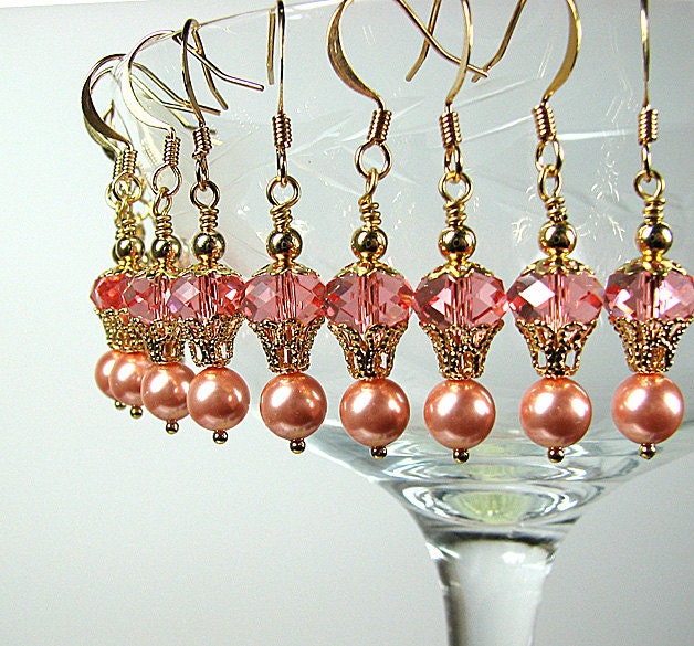 Bridesmaid jewelry Swarovski pearl and peach crystal earrings Drop dangle beaded earrings Prom wedding bridal jewelry Beaded jewelry
