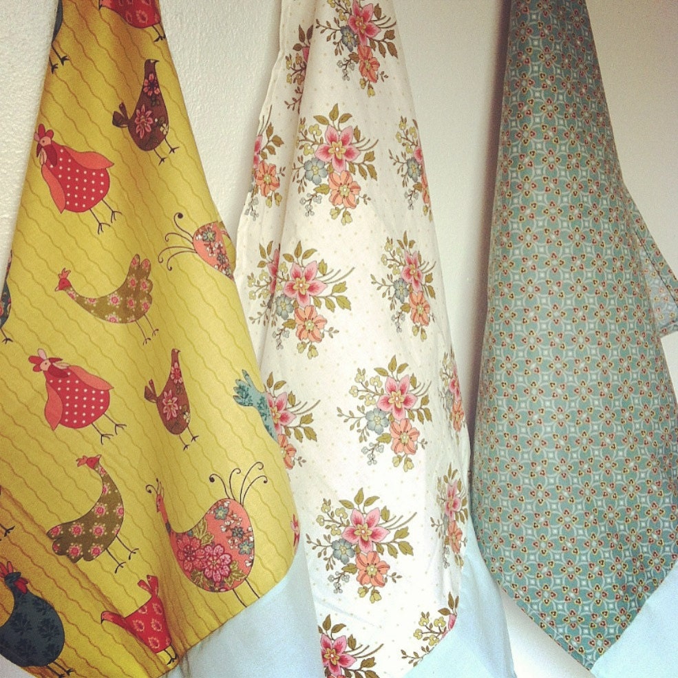 Tea towel, robins egg blue, olive, and white floral, Set of three tea towels, chicken print, floral print, geometric pattern, 22'x16'