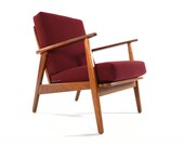 Danish Modern Mid Century Teak and Oak Lounge Chair in Burgundy Wool
