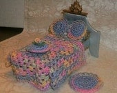 Dollhouse Miniatures 1:12 Scale Crocheted Granny Square Bedspread, 3 Pillows, & Rug  5 Piece Set