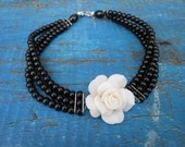 White Rose Choker Necklace, Triple Strand Necklace, Black Necklace