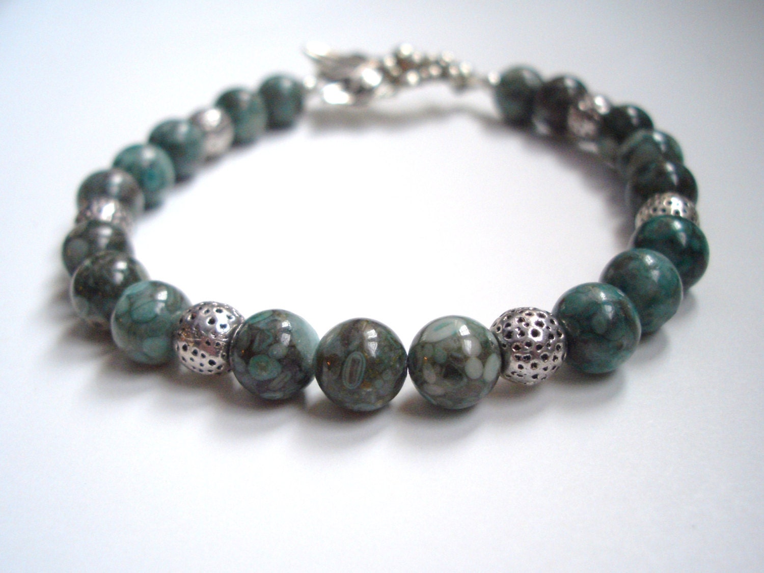 Picture Jasper Bracelet / Blue and Green / Silver Beads / Silver Clasp - 7 3/4" long - B29