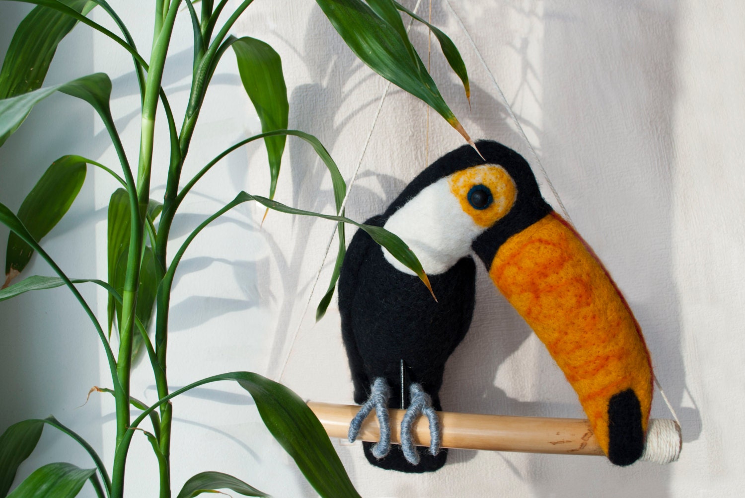 Needle felted toucan, bird, zoo, black, yellow, white, swing