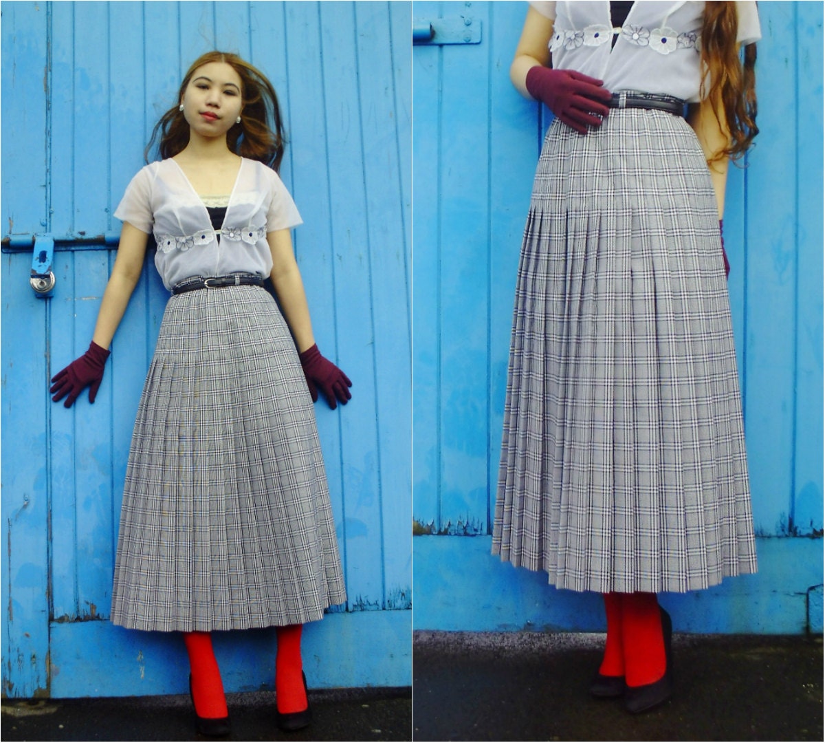 80s - black and white plaid pleated skirt / monochrome / long pleated skirt / wool skirt / tea length / VIYELLA (M/L)