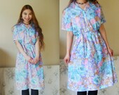 70s - plus size summer dress / blue floral shift dress with belt / seaside blue floral dress / pastel colours / midi length (L/XL)