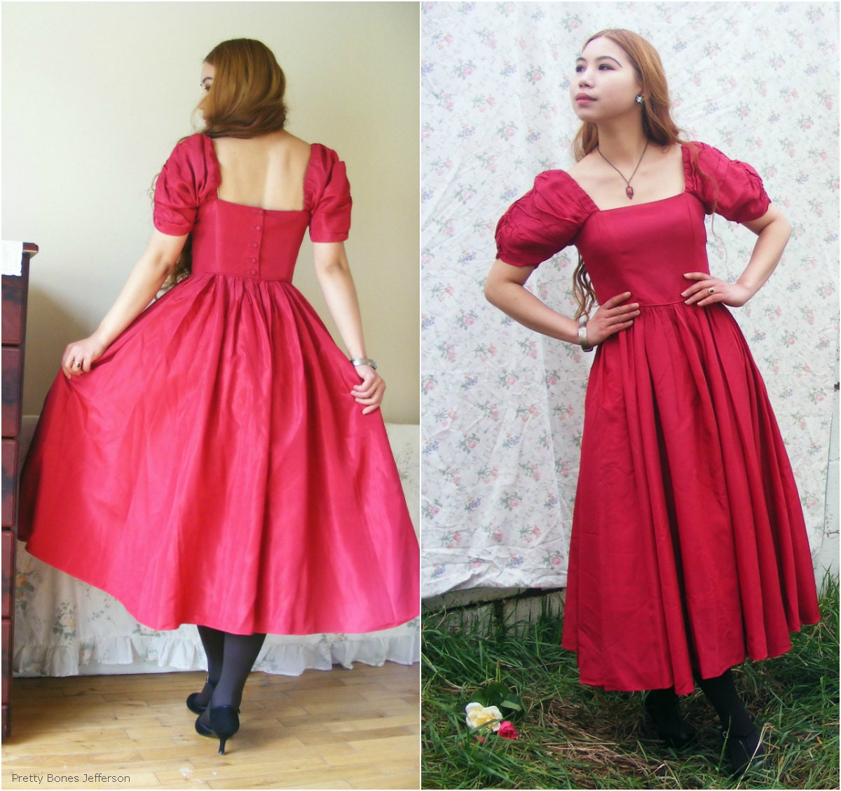 80s - Laura Ashley red taffeta dress / red prom dress / Victorian / Pre-Raphaelite medieval princess dress with puffed ruched sleeves (XS/S)