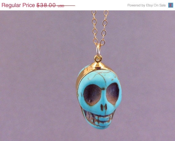 Memorial Day Sale Skull Necklace - Turquoise Skull Pendant edged in 24k gold - Gold fill chain