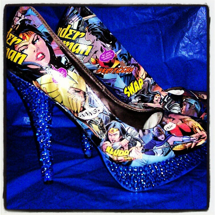 Blinged Out Comic book heels...Women's size 6-11