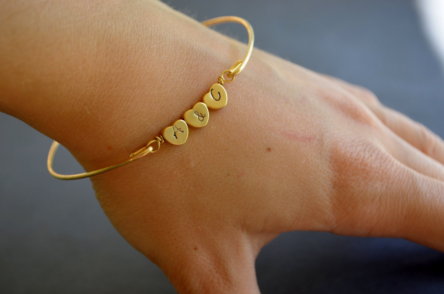 Personalized Triple Heart Bangle Bracelet-Gold Personalized Heart Bangle- Initial Jewelry- Minimalist Jewelry- Bridesmaids Gifts