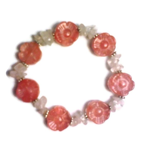 Pink Rose Quartz and Cherry Flower Bead Stretch Bracelet 6" Crystal Stone Jewelry
