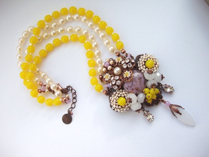 Made to Order - Yellow & Lilac Necklace in Art Nouveau Style with Imitation Pearls Antique Copper Statement Necklace Rhinestone Beaded