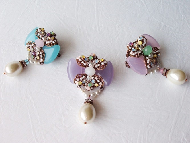 Made to Order - Pastel Color Bow Brooch with Vintage Opal Rhinestones Medal Brooch Antique Copper Filigree Signed