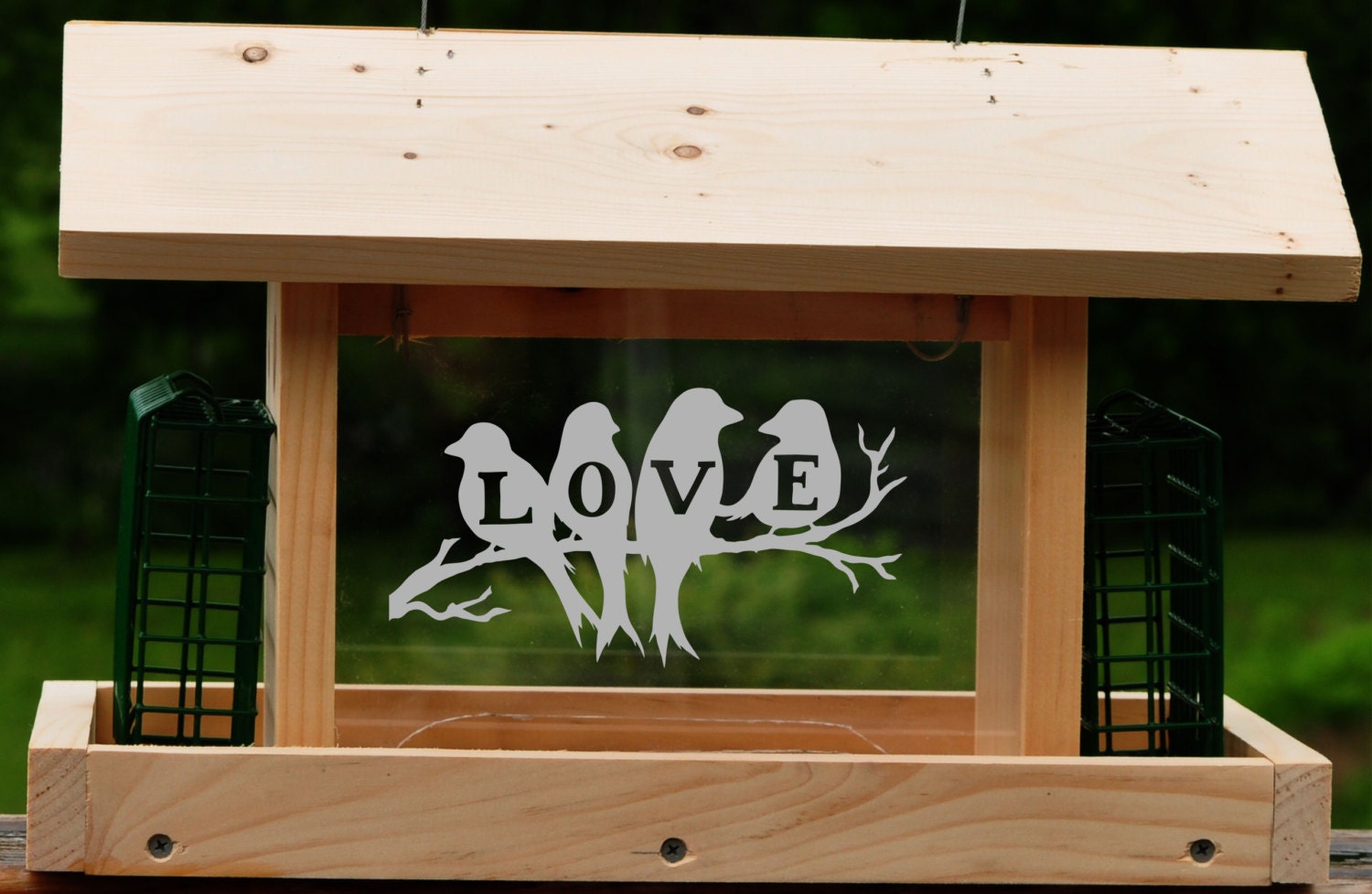 HUGE Hand Made Bird Feeder with Two Suet Feeders Sand Carved with Love Birds Etched