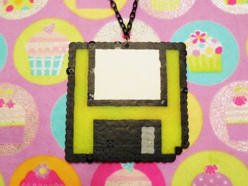 UV Reactive Yellow Floppy Disk - Perler Bead Necklace