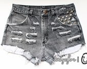 High Waisted Levi Denim Shorts Grey Studded  Destroyed Jean Vintage Cutoffs