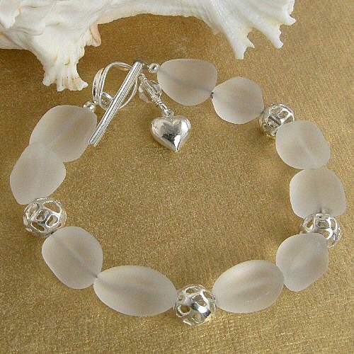 Clear Frosted Sea Glass Sterling Silver Bead Bracelet