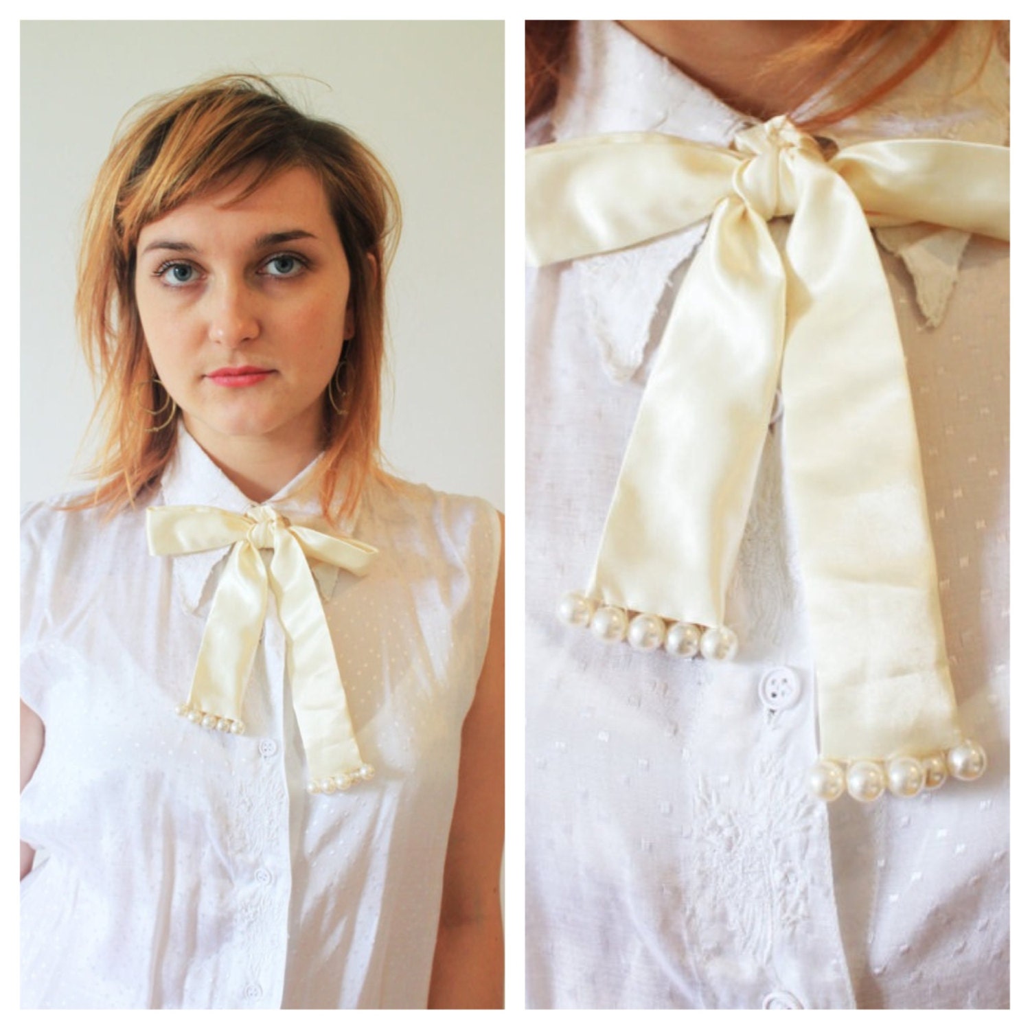 Buy-1-Get-1-Free: Cream Silk Taffeta Ladies Necktie with Pearl Trim