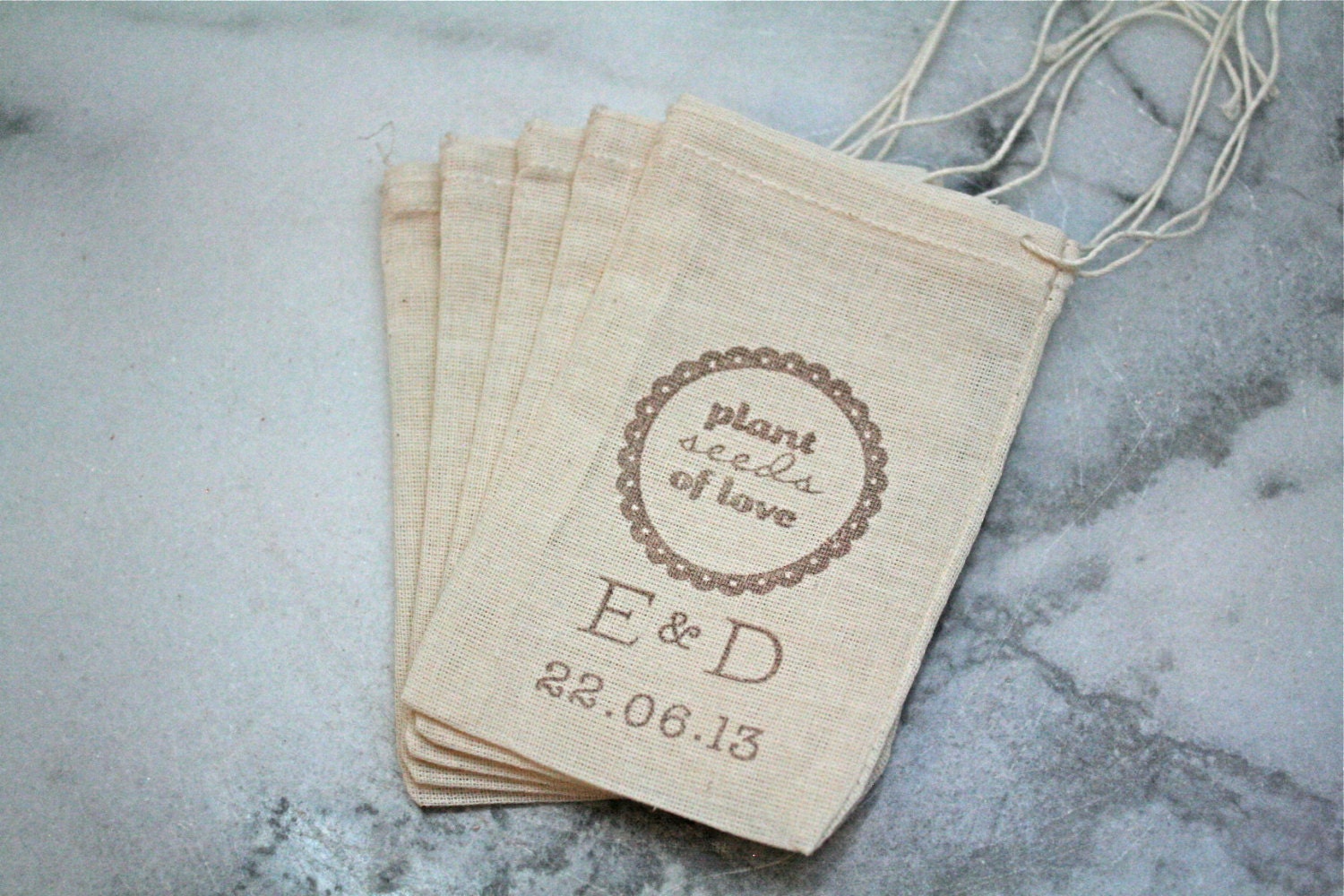Personalized wedding favor bags, flower seed favors. 50 muslin bags, 3x5.  Plant Seeds of Love with initials and date.