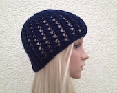 Crochet Beanie in Navy, Criss Cross Stich Beanie Hat For All Seasons