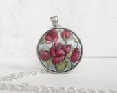 Stylish Rose Necklace - Hand Painted Pendant  -  Red Flower Pendant - Wooden Floral Jewelry -  Wearable Art