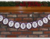 Handmade JUST MARRIED Vintage looking Victorian WEDDING Banner in purple and white with bows, Garland or Photo Prop