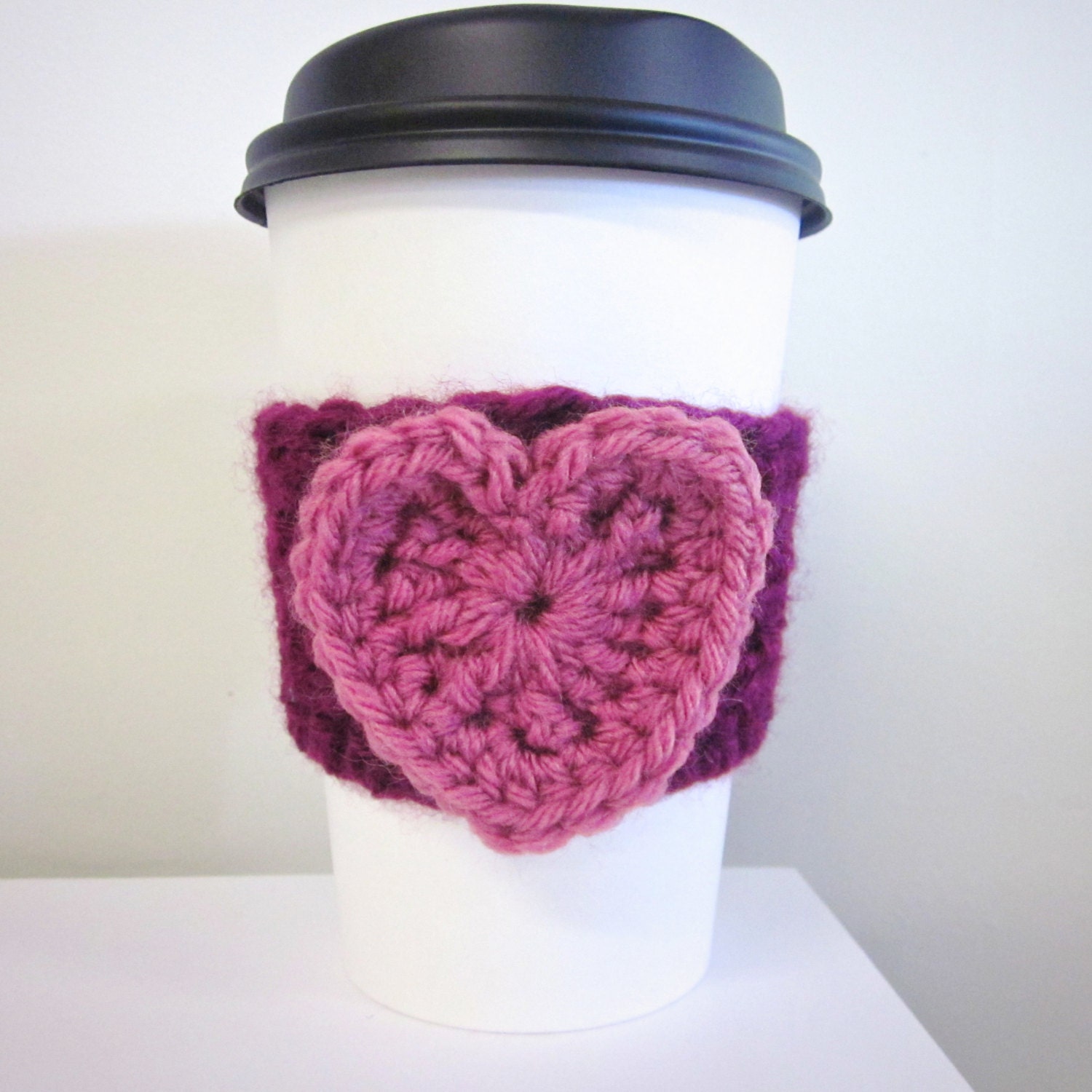 Crochet Cup Cozy Heart Coffee Cup Sleeve in Pink and Berry