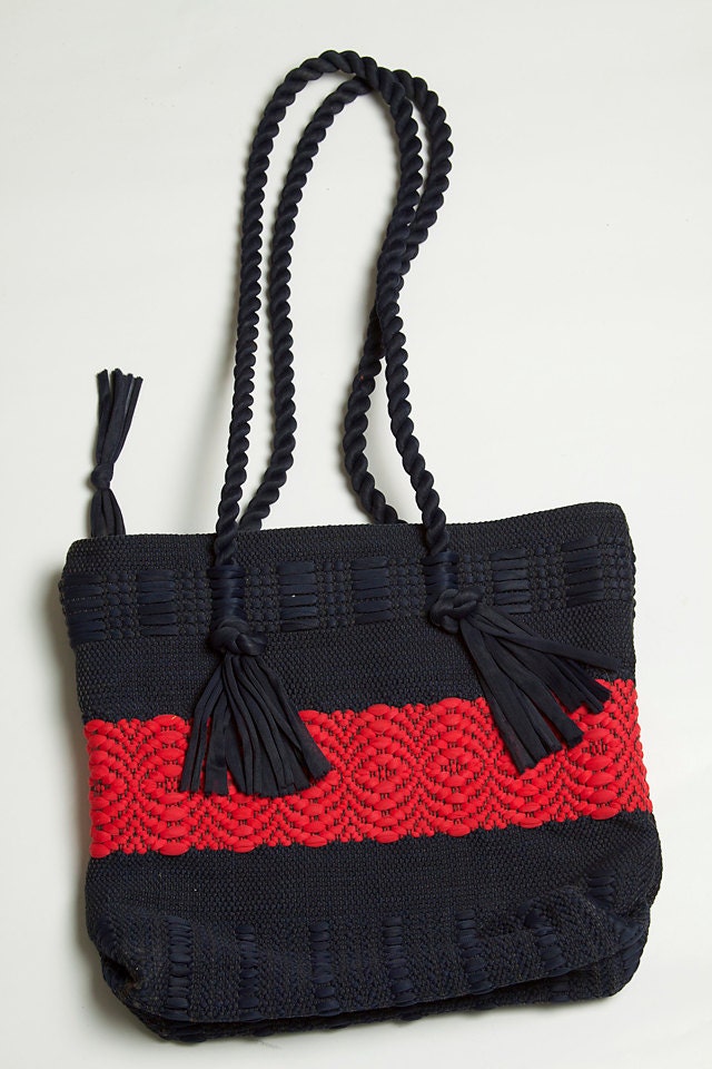 PURSE SALE: Vintage Blue and Red Woven Tote Beach Bag Purse