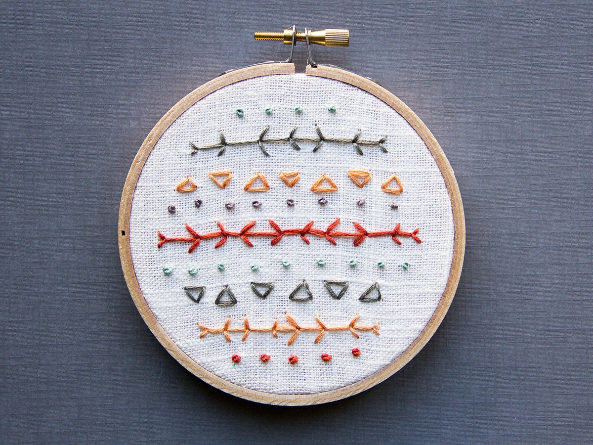 Abstract Embroidery - 4 Inch Hoop Art - Hand Embroidered - Southwestern "Twigs and Berries" - Geometric Tribal Pattern