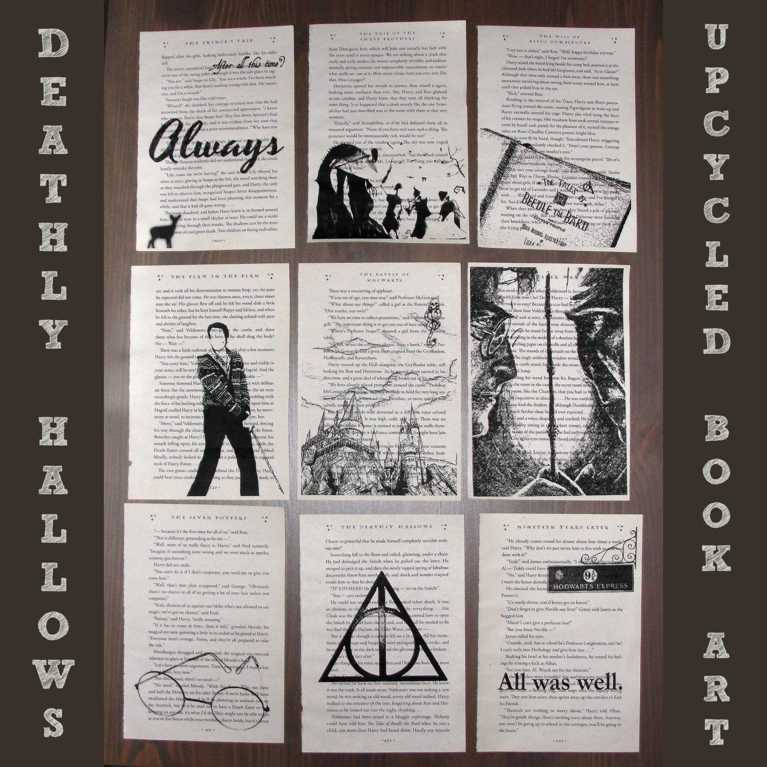 Harry Potter and the Deathly Hallows - Upcycled book page art prints - Great for framing - Harry Potter graphic art