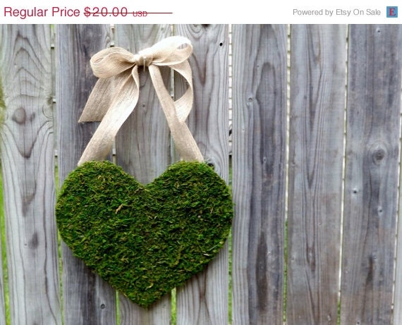 SALE Moss Covered Wood Heart with Burlap Bow.