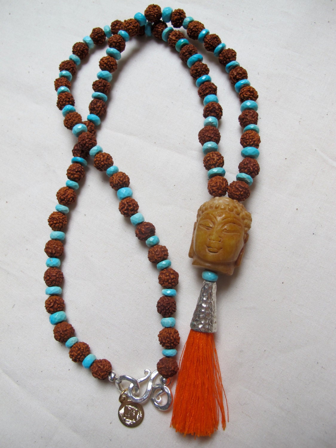 Rudraksha Mala Prayer Bead Necklace with Turquoise Beads and Carved Buddha