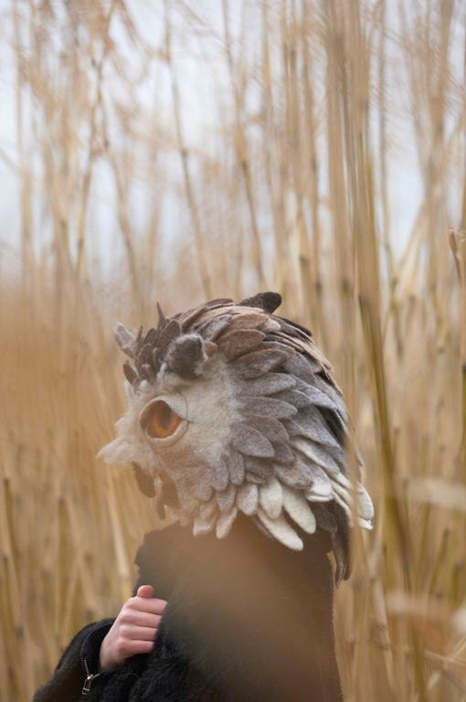 Hand felted Owl animal mask / head dress, suitable for performance, dance or theatre