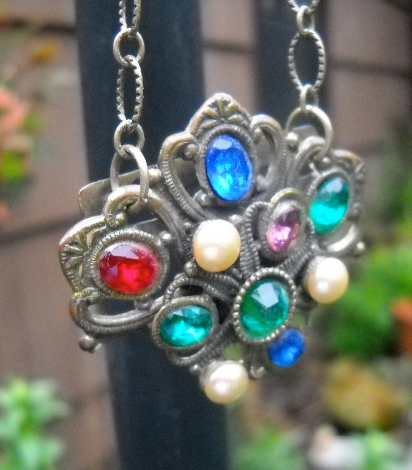 Antique Necklace, Crystals and Pearls Set in Bronze