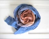Cotton Hand Dyed Lightweight, Spring Scarf, Summer Scarf, Beach Scarf, Mocha, Indigo, Blue Ombre Scarf, Shawl, Wrap, Silver Thread Stripe