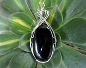 Black Onyx Stone Sterling Silver Wire Wrapped Pendant Necklace