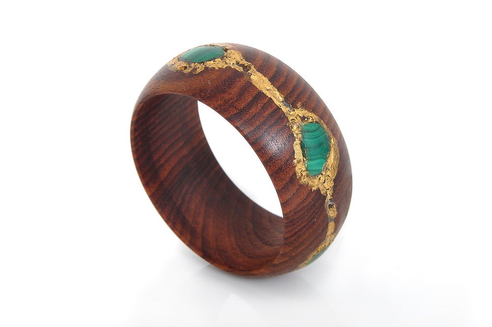 Wood Bracelet/Bangle, Malachite and Indian Rosewood - Malachite Glory