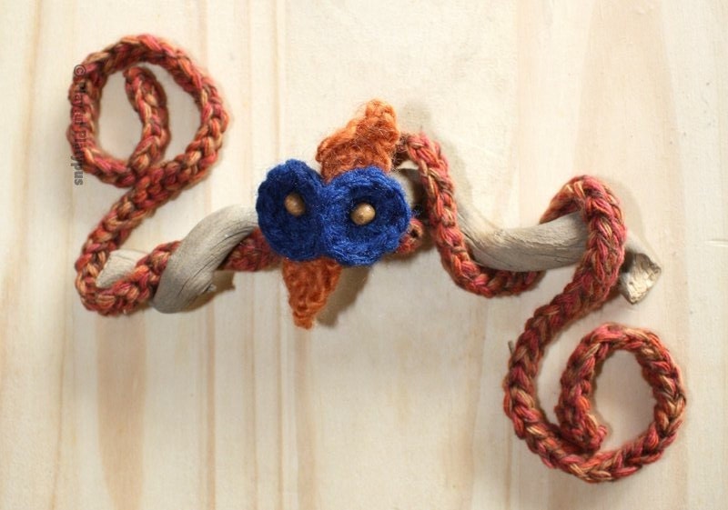 Headband, woman's headband, crochet headband, rust, orange, brown colored band with dark blue flowers, wooden beads