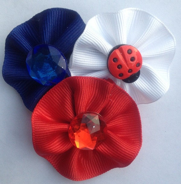 4th of July Red White and Blue America Stacked Hair Bow Cute Accessories Girls Hair Clip Lady Bug Red Gem Navy Ribbon Flowers Military