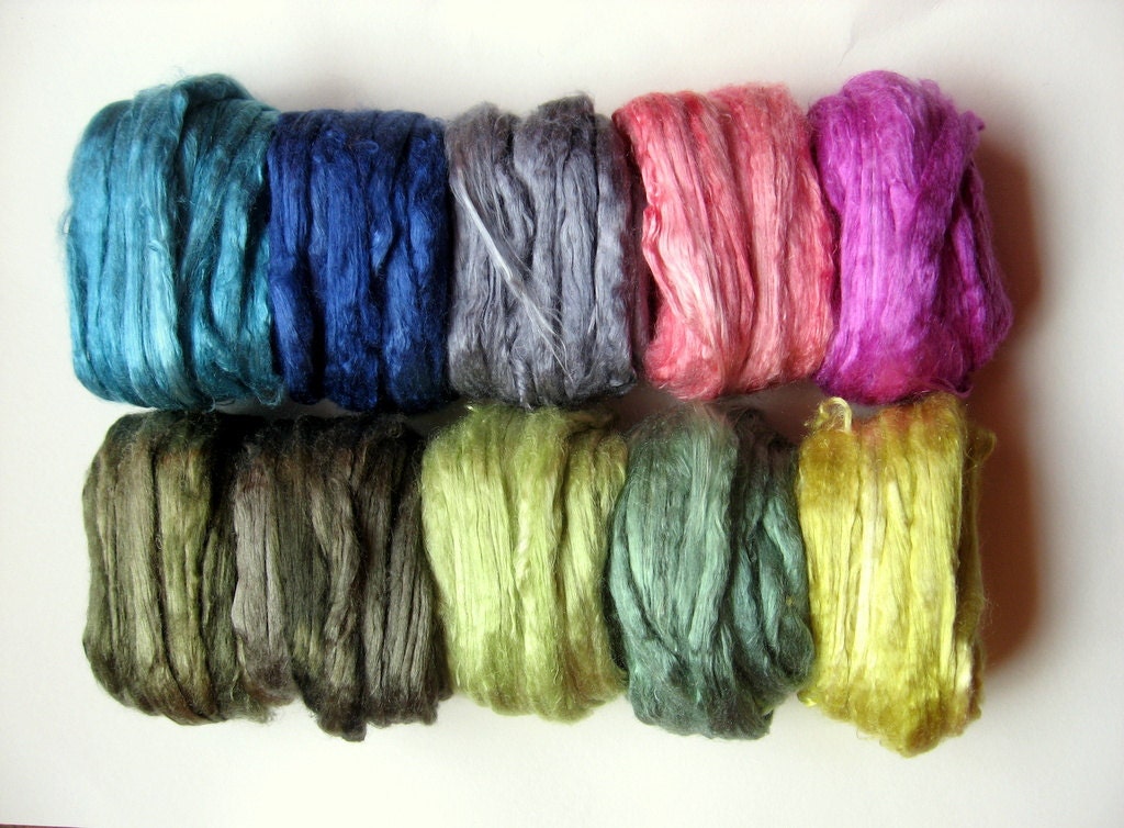 3.2oz (90g) 10 ASSORTED COLORS Mulberry Silk Roving Top Fiber SPRING Pack